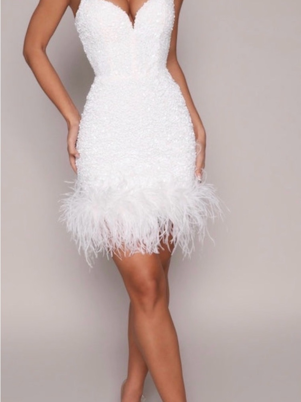 Strapless White Feather-Hem Mini Dress
